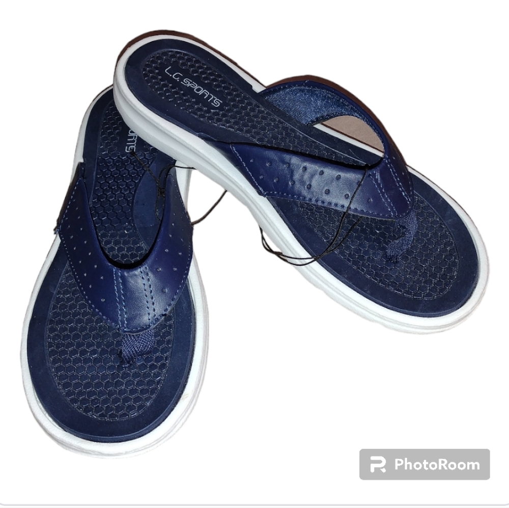 L.C. Sports Navy & White Cushion Comfort Flip Flops Size 8 M